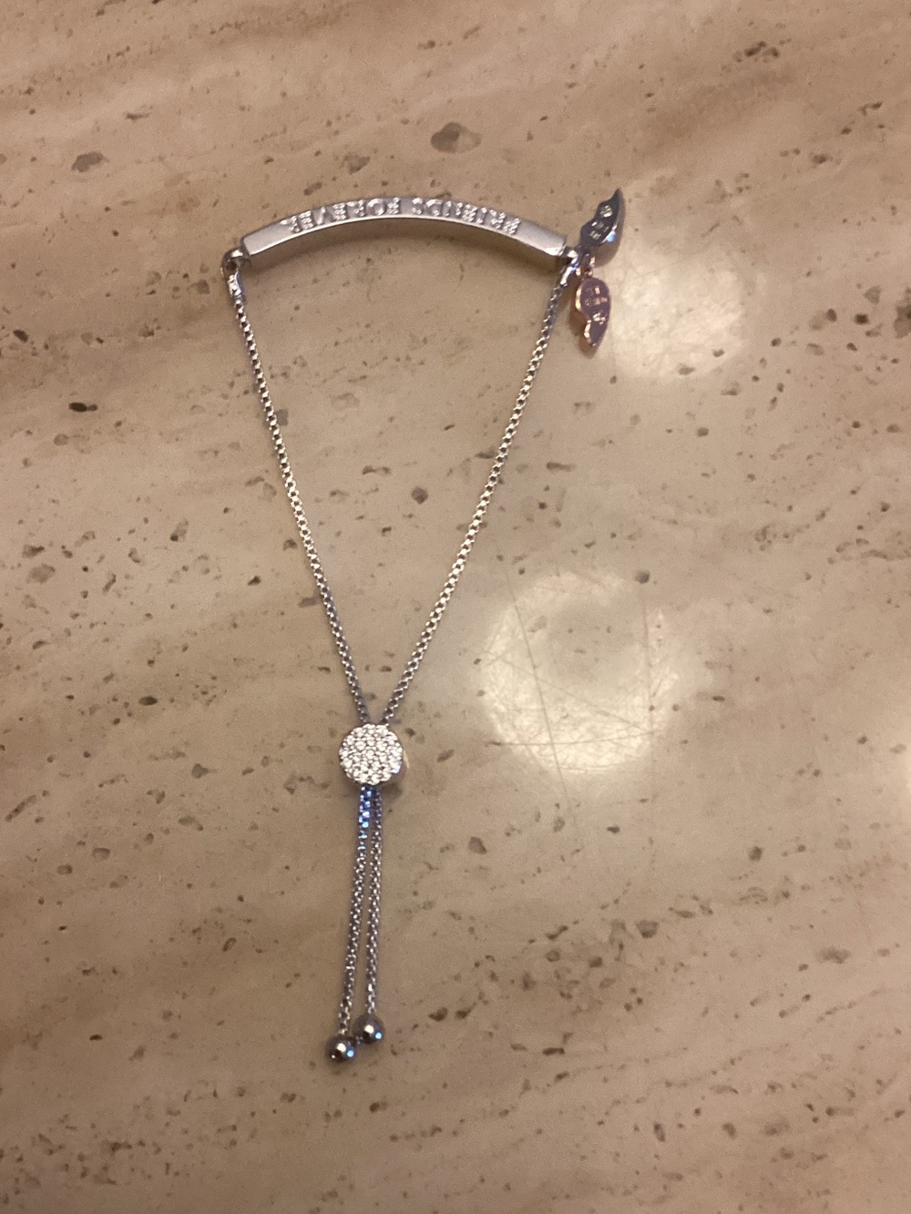 Silver Pavé Slider Necklace with Leaf Charm - Women Jewelry